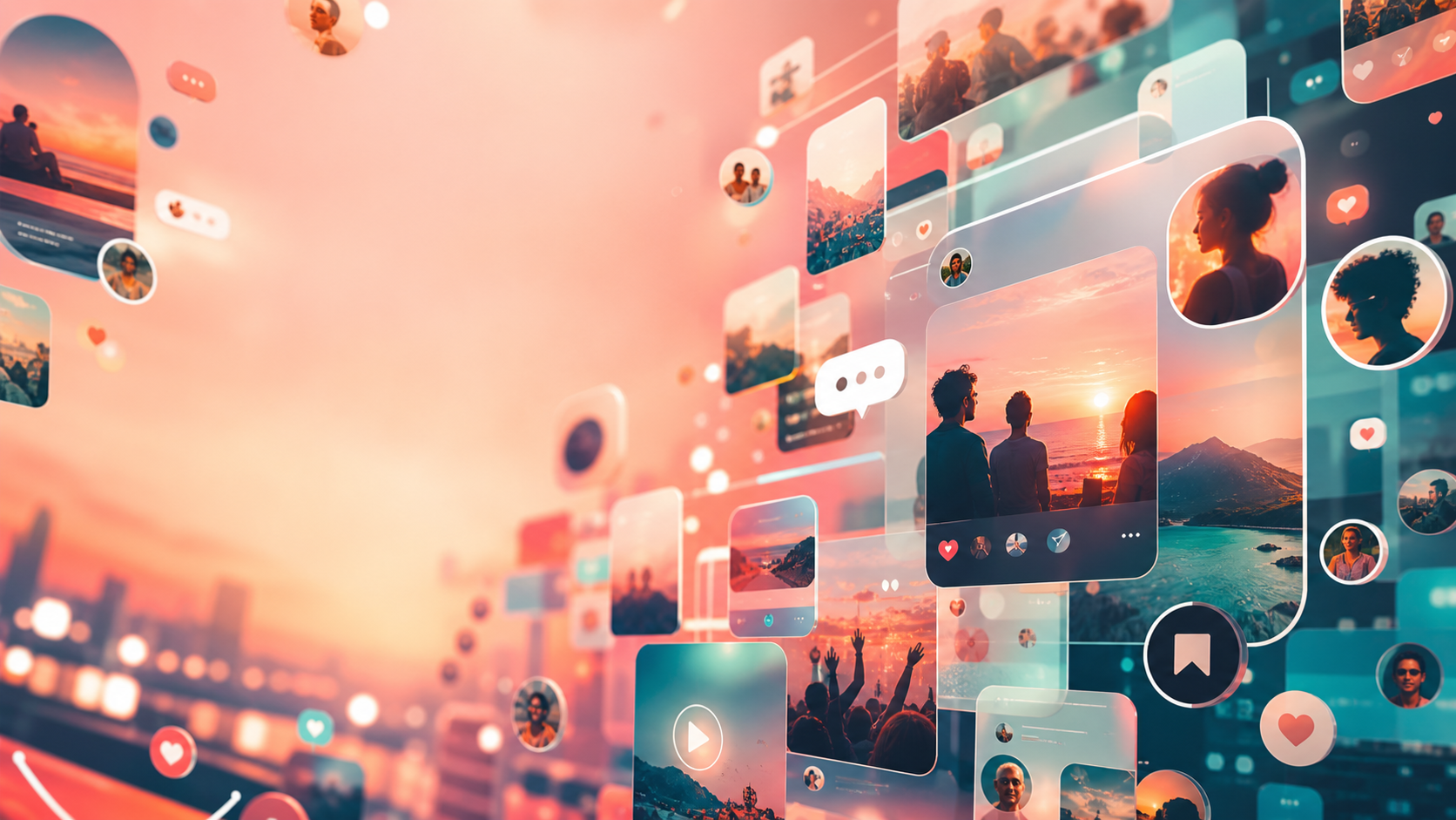 A vibrant social feed preview with posts, comments, and saved moments